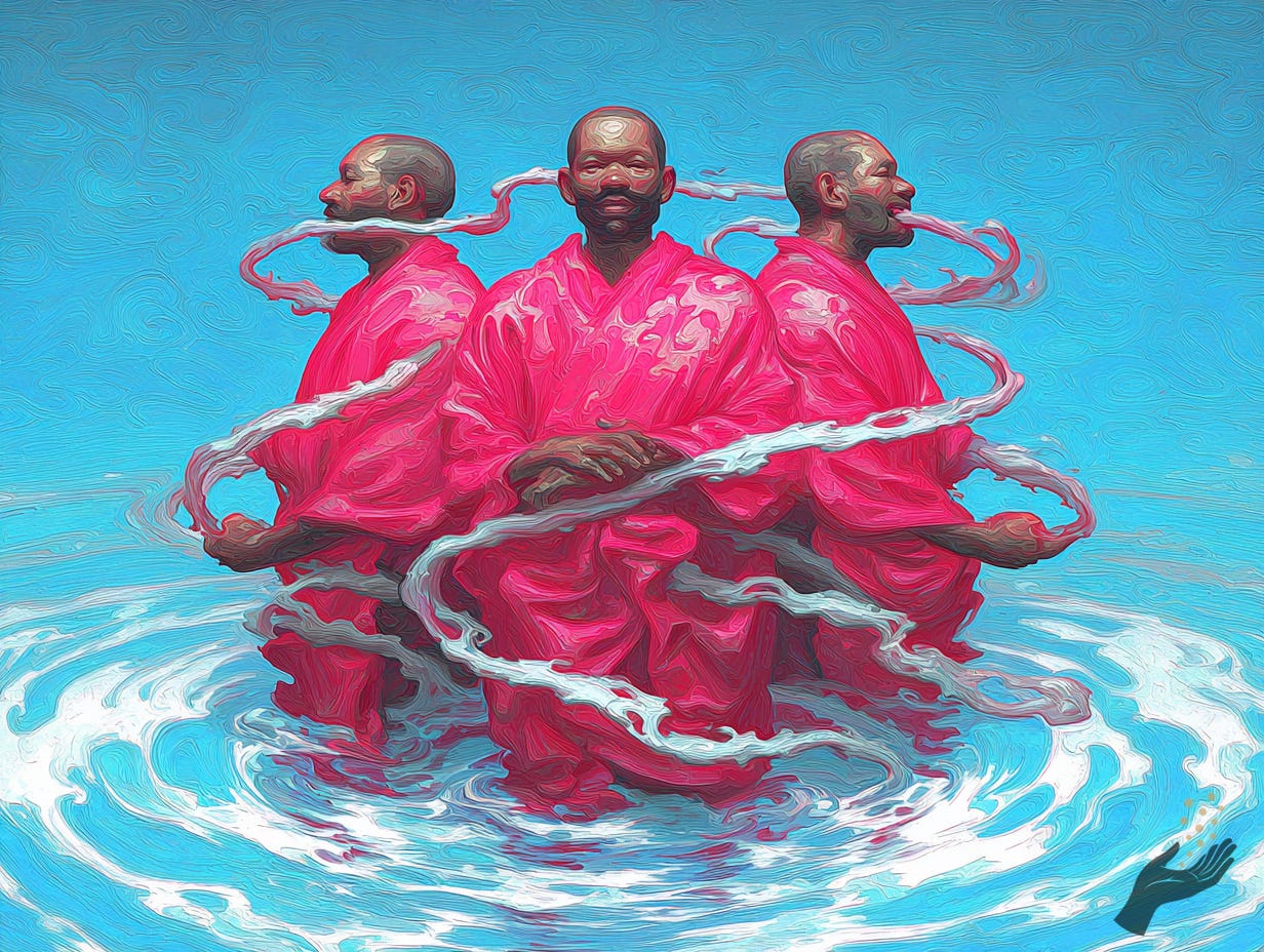 Three figures in bright pink robes stand closely together in blue water while pale white currents loop around their bodies and extend behind their heads.