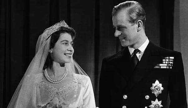 Queen Elizabeth and Prince Phillp at their wedding 