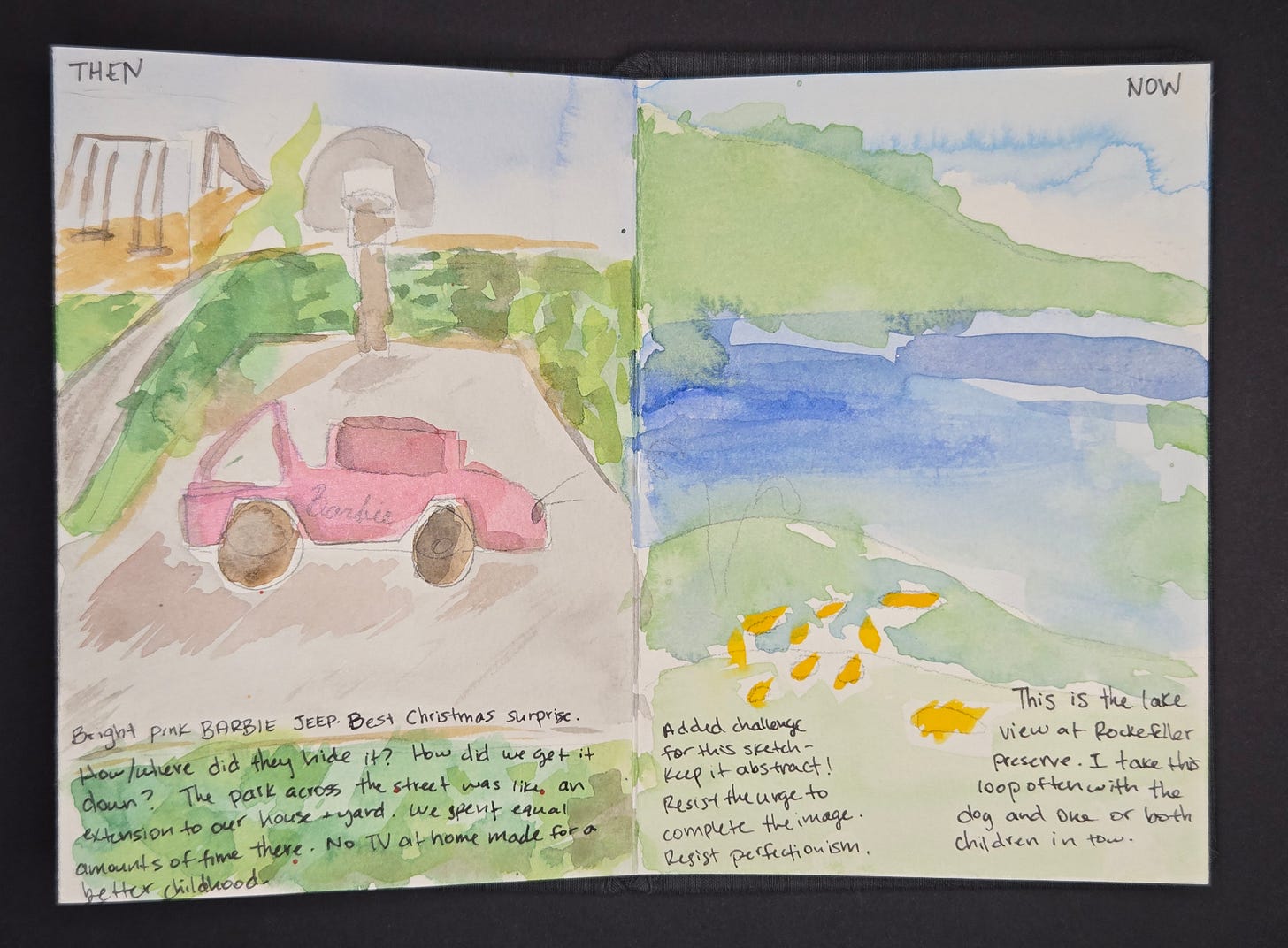 Watercolor sketchbook spread with a bright pink Barbie Jeep on the left page representing childhood memories, and an abstract lake view at Rockefeller Preserve on the right page.
