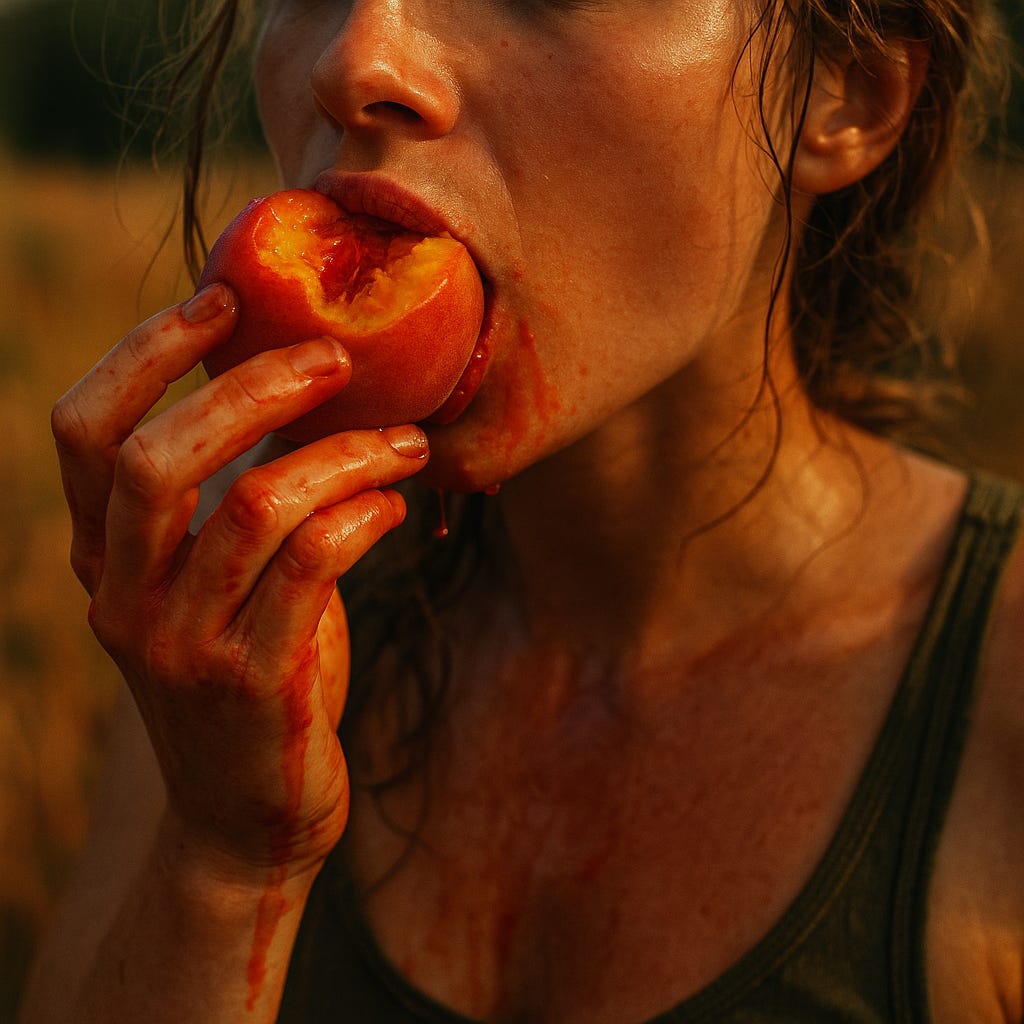 A sun-kissed mouth and chin dripping with juice from a bitten peach, evoking the wild, overripe intensity of August’s heat and hunger.