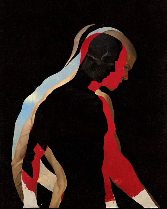 Layered silhouettes of a human figure in profile, showing multiple overlapping translucent forms in blue, beige, black, red, and white against a dark background, with elements suggesting a head, neck, and upper body in an abstract composition.