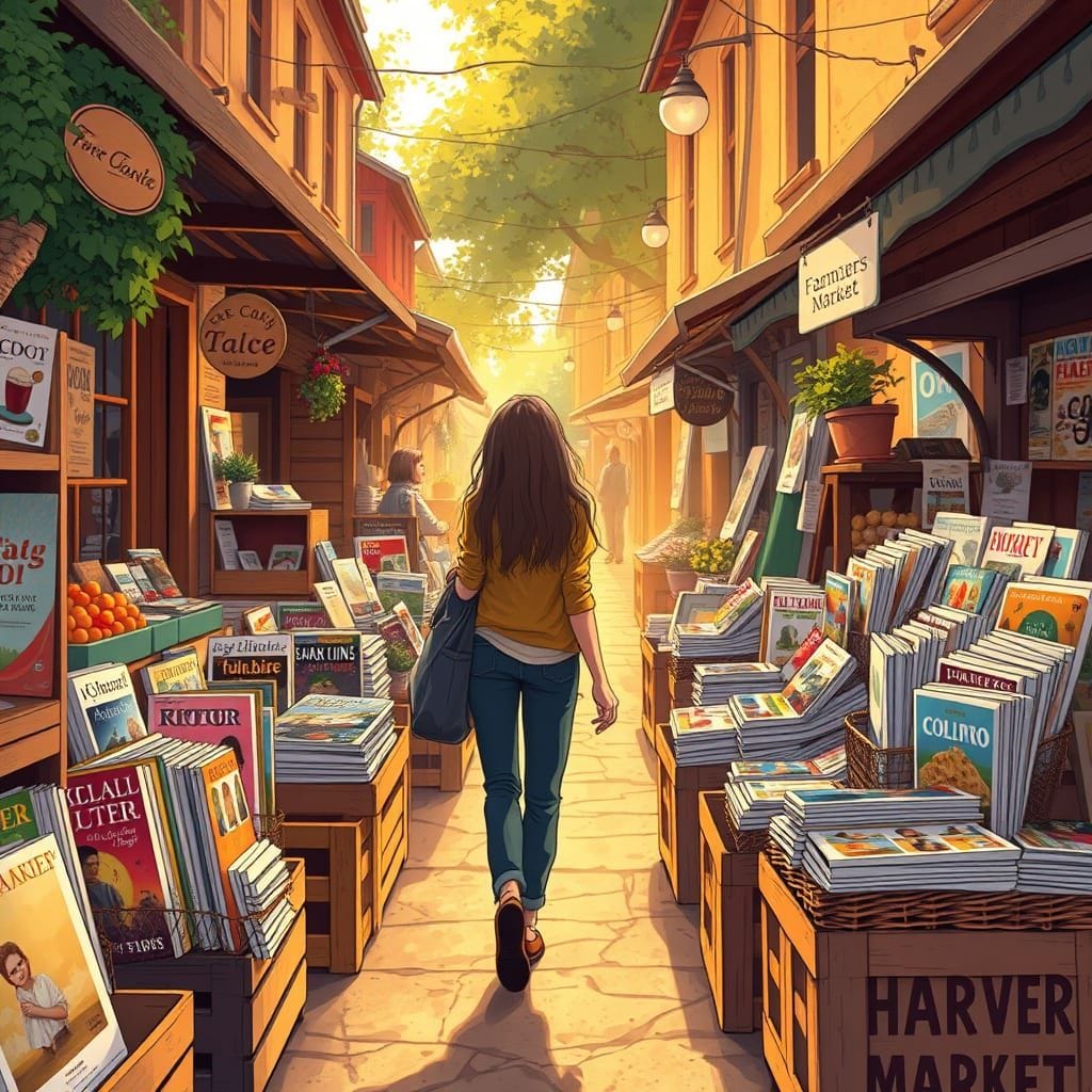At the farmer's market for magazines. A person walking through a street lined with stalls at a farmers market that sells...