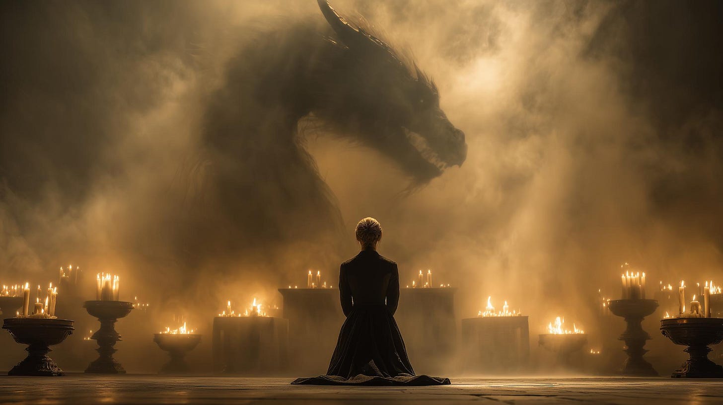 A woman kneels in prayer surrounded by glowing candles as a massive dragon’s shadow looms through golden mist, blending reverence with power.