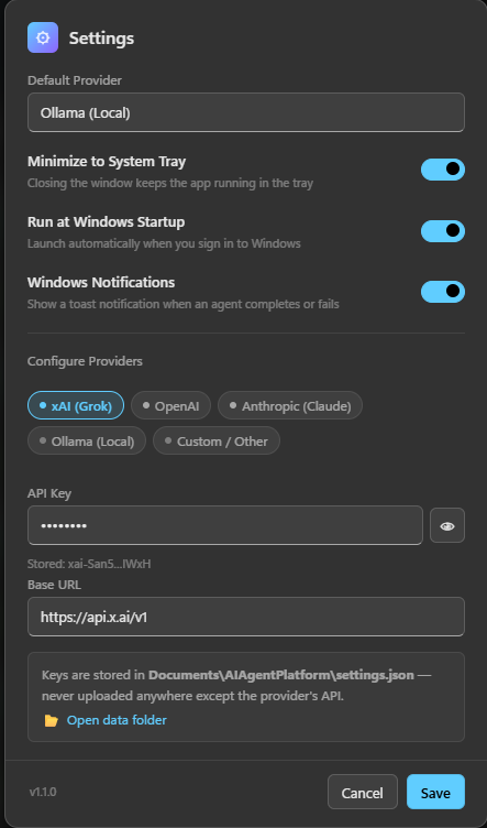 Settings dialog
