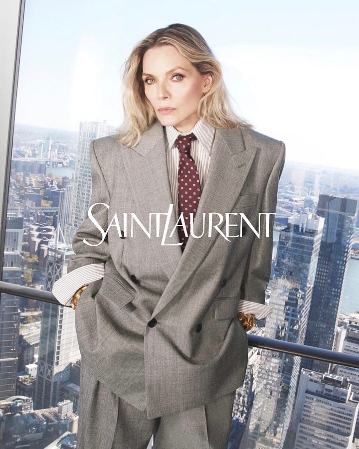 Saint Laurent power suit autumn winter 1987 vs. Summer 2025
