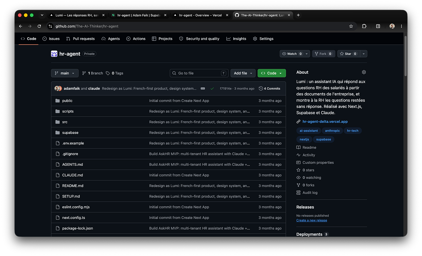 The private GitHub repository The-AI-Thinker/hr-agent, showing folders such as public, scripts, src and supabase, files such as README.md and SETUP.md, 4 commits by adamfaik and claude, and an About panel describing Lumi with a link to hr-agent-delta.vercel.app. The private GitHub repository The-AI-Thinker/hr-agent, showing folders such as public, scripts, src and supabase, files such as README.md and SETUP.md, 4 commits by adamfaik and claude, and an About panel describing Lumi with a link to hr-agent-delta.vercel.app.