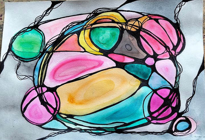 Colourful neurographic drawings featuring lines, and circles, displayed in an abstract way