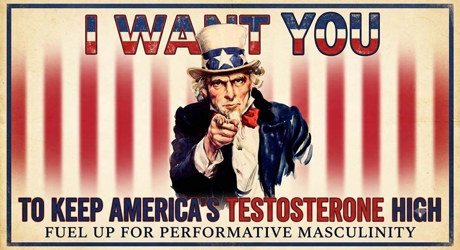 The image depicts a patriotic motto encouraging the promotion of high testosterone levels for enhanced masculine performance.  AI-generated content may be incorrect.