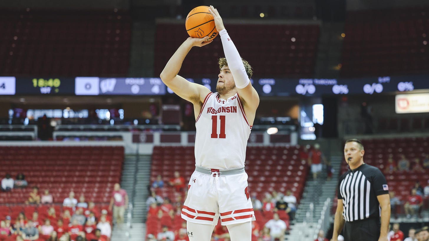 Wisconsin Badgers guard Max Klesmit shoots a three at the Kohl Center
