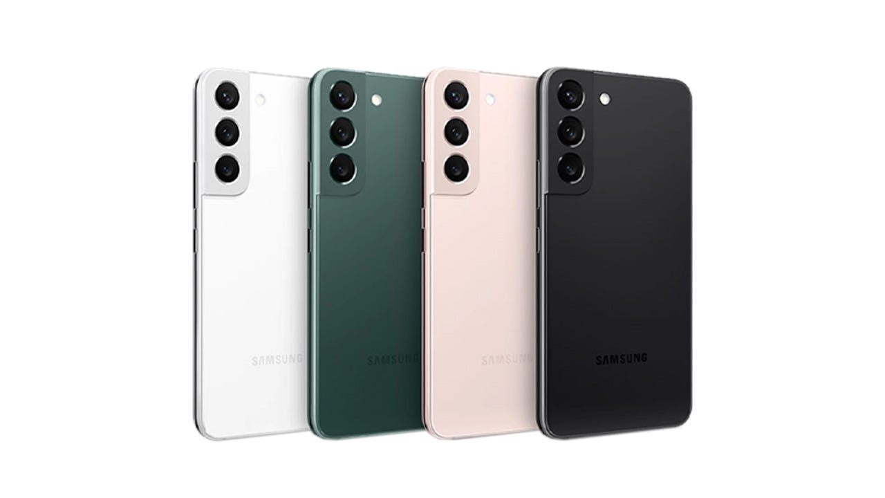 Four Galaxy S22s on a white background