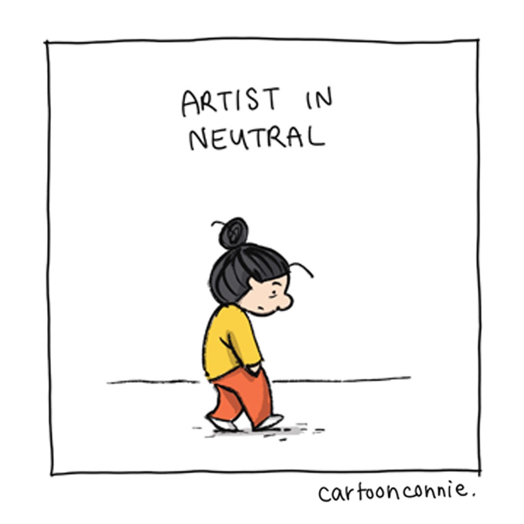 Panel 1  of a 6-panel comic showing a cartoon figure trying to capture an idea an artist easel and feeling like a failure when it doesn't live up to what she imagined. Titled "Artist Perseverance," 2026, by Connie Sun, cartoonconnie.
