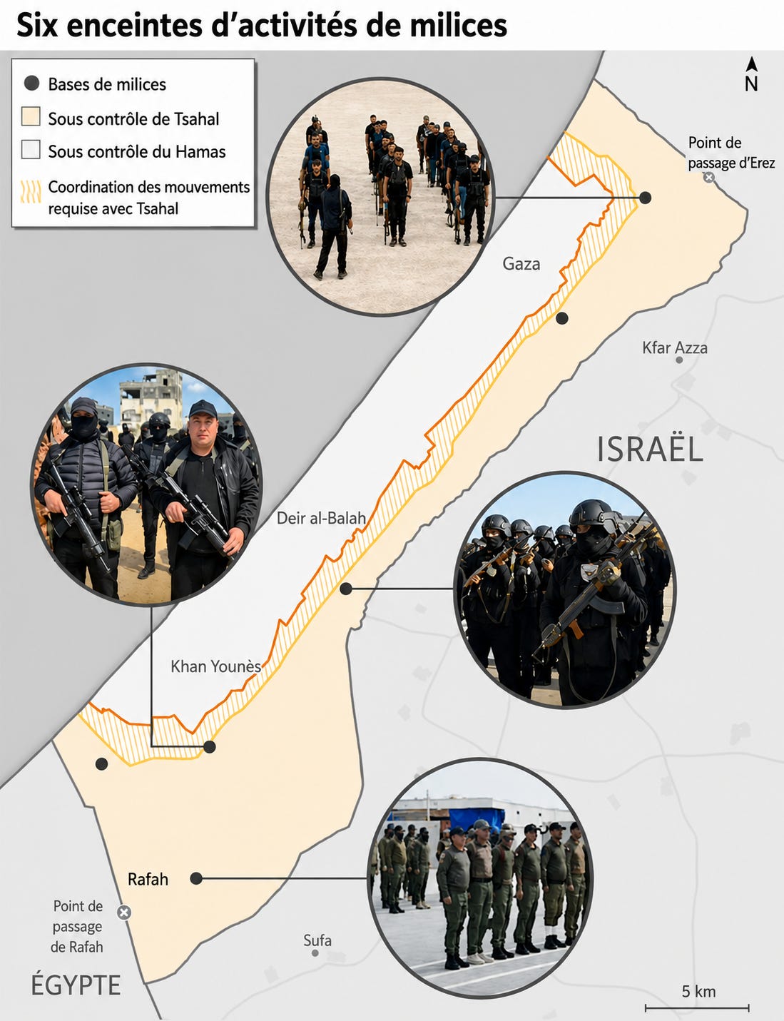 Carte de localisation des six enceintes de milices à Gaza