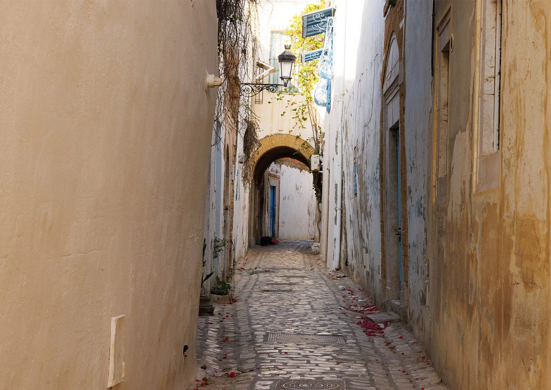 Rue Sidi Brahim Riahi in the Tunis Medina, a narrow cobbled alley lined with weathered white walls, blue doors, and an arched passageway leading deeper into the historic quarter.