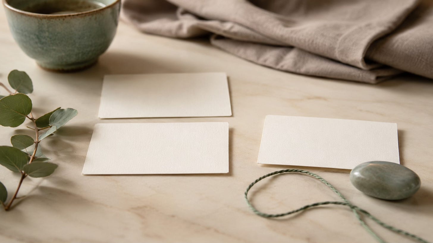 Blank cards and a small stone on a calm table, suggesting one specific emotional moment being gently identified.