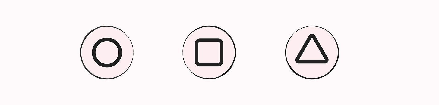 A circle inside of a circle, a square inside of a circle and a triangle inside of a circle.