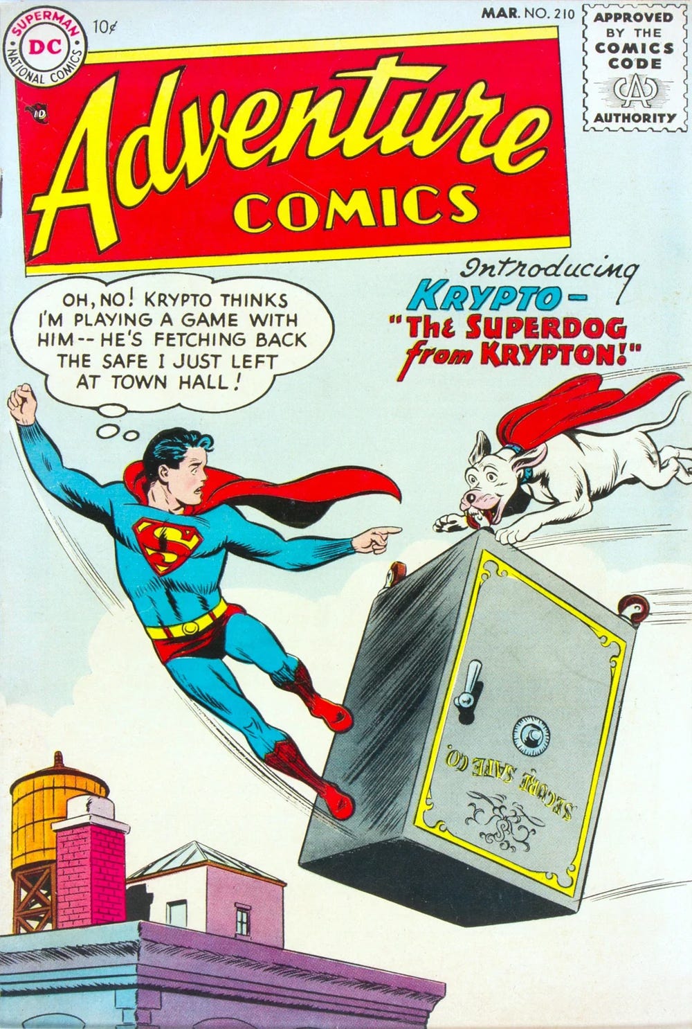 Cover of Adventure Comics Vol. 1 #210 March, 1955. The coverline reads:“Introducing Krypto— the Superdog from Krypton!” We see Superboy in mid-air in an urban setting with a look of consternation on his face. He’s being chased by Krypto the Superdog, a white dog who wears a cape like superman. Krypto has a playful look, and he’s carrying an enormous bank safe by one of its legs.Suberboy’s thought balloon reads,  “OH, NO! KRYPTO THINKS I'M PLAYING A GAME WITH HIM -- HE'S FETCHING BACK THE SAFE I JUST LEFT AT TOWN HALL! Cover of Adventure Comics Vol. 1 #210 March, 1955. The coverline reads:“Introducing Krypto— the Superdog from Krypton!” We see Superboy in mid-air in an urban setting with a look of consternation on his face. He’s being chased by Krypto the Superdog, a white dog who wears a cape like superman. Krypto has a playful look, and he’s carrying an enormous bank safe by one of its legs.Suberboy’s thought balloon reads,  “OH, NO! KRYPTO THINKS I'M PLAYING A GAME WITH HIM -- HE'S FETCHING BACK THE SAFE I JUST LEFT AT TOWN HALL!