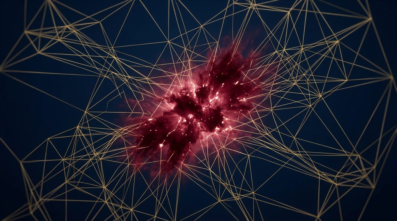 A maroon nebula representing the loving vector concept, with threads of gold interwoven in a geometric pattern. The scene lies atop a field of deep, navy blue.