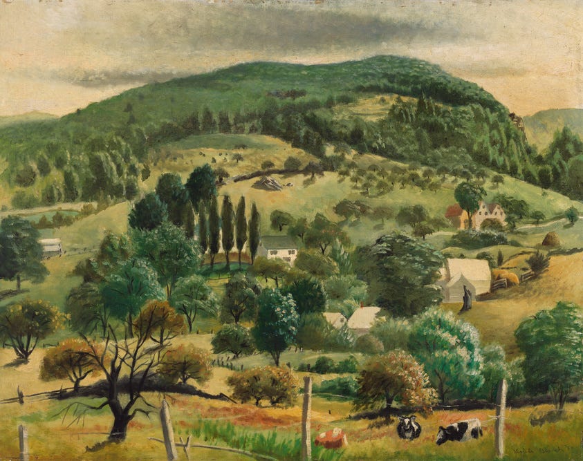 A pastoral landscape painting depicting a rolling countryside with lush greenery, a variety of trees, and a hill in the background. In the foreground, there's a fenced area with cows grazing, and scattered throughout the scene are rural houses, haystacks, and a figure walking along a path. The sky is overcast with soft, muted tones.