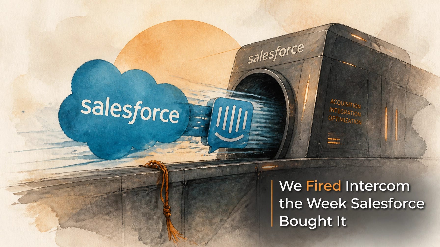 Illustration of a corporate machine absorbing the Intercom logo while a small escape rope hangs nearby, representing Salesforce's $3.6B acquisition of Intercom (now Fin) and small customers looking for an exit.