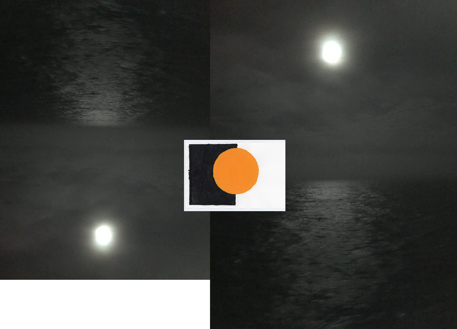 A photo collage of a moon over water upside down and right side up and a painting of an orange circle in a field of half black and half white. A photo collage of a moon over water upside down and right side up and a painting of an orange circle in a field of half black and half white.