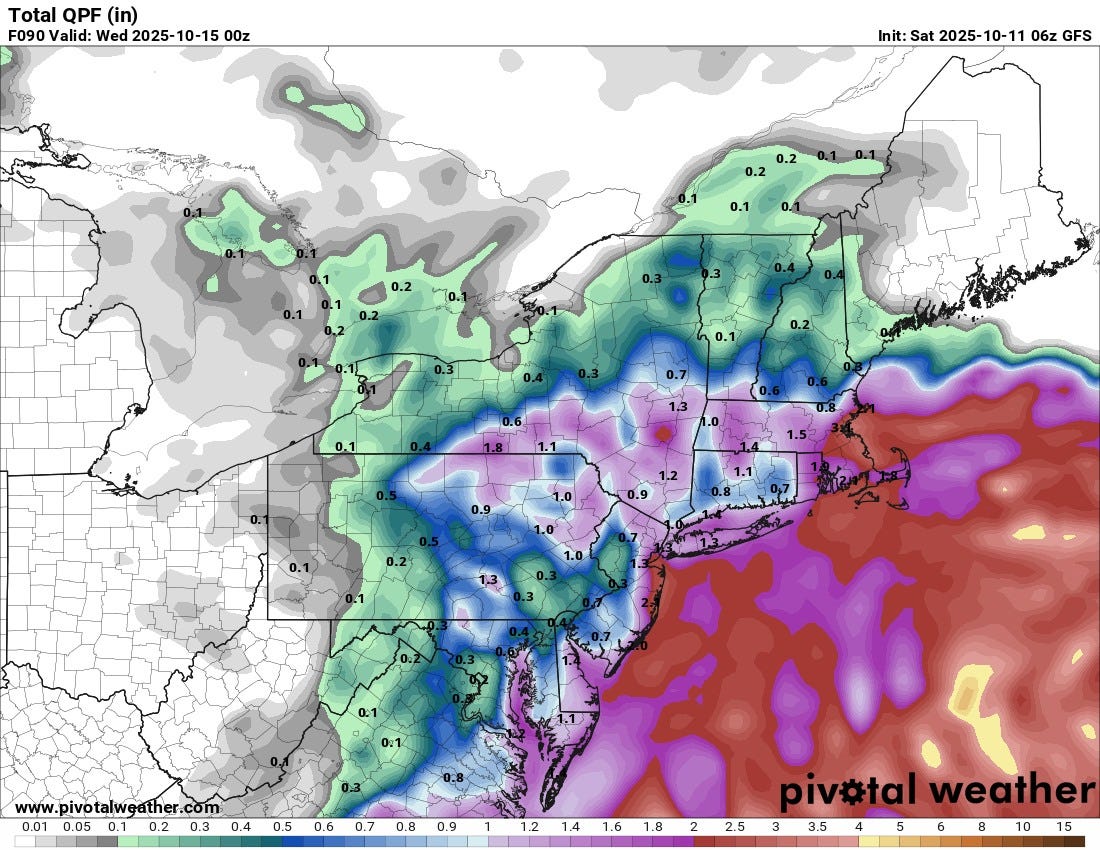May be an image of map and text that says 'Total QPF F090 Valid: Wed 2025- 10-15 00z Init: Sat 2025- 10- 10-11 06z GFS 0.2 T0. 1.0 1.0 0:1 www.pivotalweather.com 0.01 0.05 0.1 0.2 0.3 0.4 0.3 0.5 0.6 0.7 0.8 0.9 12141.61.822 1.4 1.6 1.8 2 2.5 1.2 pivotal piv#talweather weather 3 33545681015 6 3.5 5 8 10'