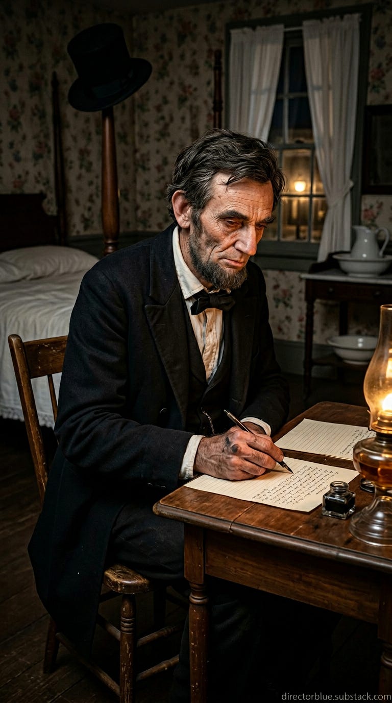 IMAGE PROMPT FOR UNIVERSITY HISTORY CLASS REENACTMENT H201 9x16 portrait format Photographic hyper-realistic image with the quality of a modern professional full-frame camera Interior nighttime scene in a modest but respectable mid-19th cent_image_1