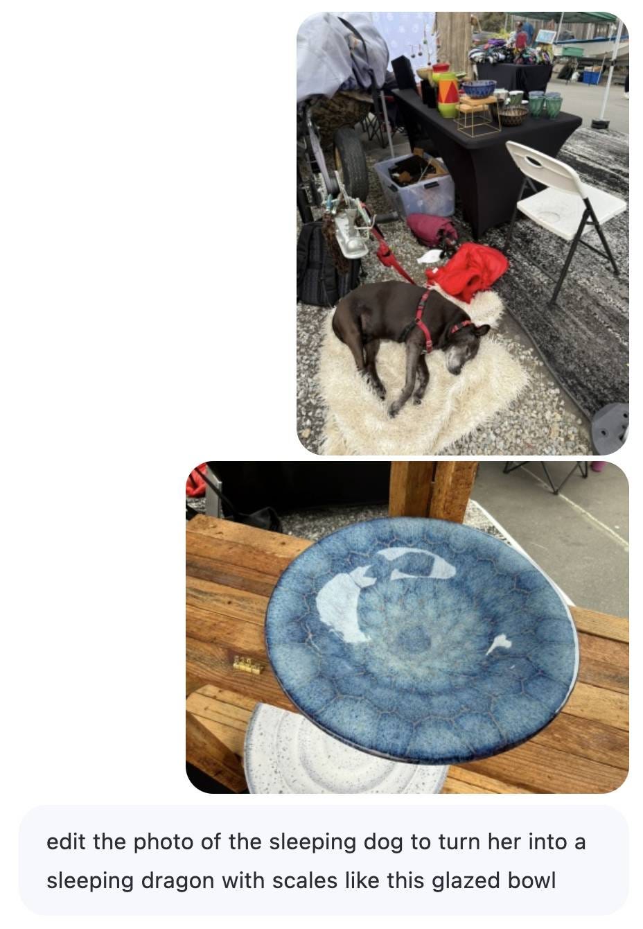 A photo of a dog asleep on a rug at the pottery stand. Another photo of a very attractive ceramic pot with turquoise glaze. The prompt: edit the photo of the sleeping dog to turn her into a sleeping dragon with scales like this glazed bowl A photo of a dog asleep on a rug at the pottery stand. Another photo of a very attractive ceramic pot with turquoise glaze. The prompt: edit the photo of the sleeping dog to turn her into a sleeping dragon with scales like this glazed bowl