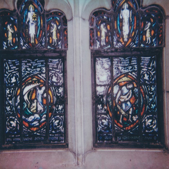 Stained glass / Group shot in Knoxville (photo by Stephanie Bowman) / Pete in the van / the cow