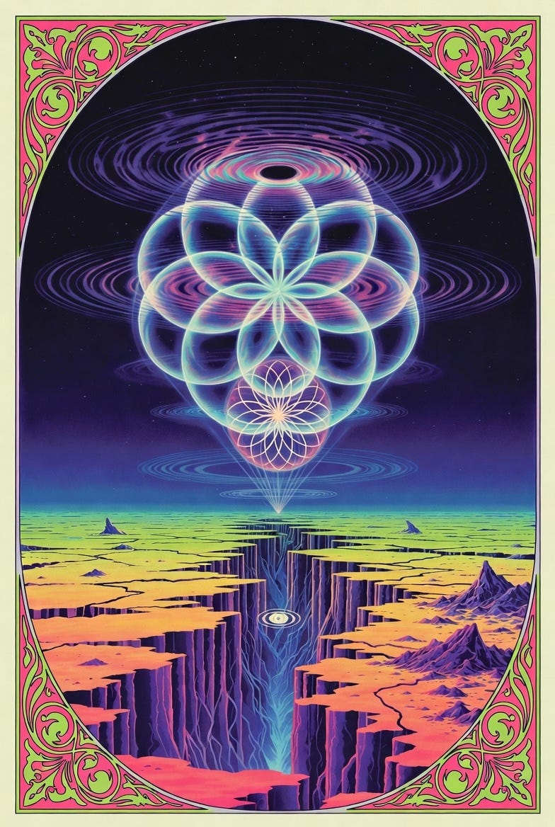 A psychedelic concert poster with overlapping mandalas over a fractured alien landscape, in Rick Griffin style. A psychedelic concert poster with overlapping mandalas over a fractured alien landscape, in Rick Griffin style.