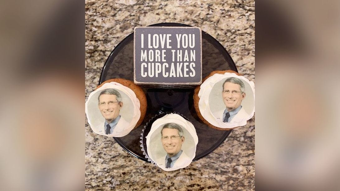 Cupcakes featuring Dr. Fauci's face. Cupcakes featuring Dr. Fauci's face.