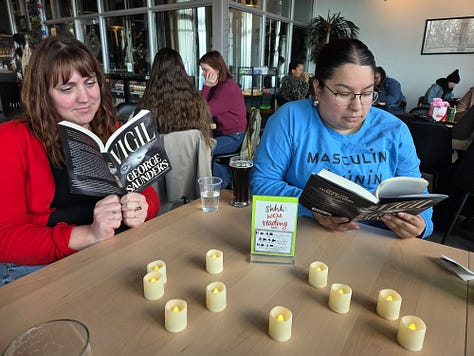 A grid of 9 images of Silent Book Club chapters reading Vigil by George Saunders 