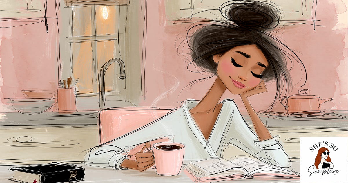 An illustrated woman sitting at a kitchen table with a coffee cup held in both hands and eyes closed in peaceful contentment, soft morning light through a window, rendered in a whimsical fashion illustration style with blush pink and cream watercolor tones. An illustrated woman sitting at a kitchen table with a coffee cup held in both hands and eyes closed in peaceful contentment, soft morning light through a window, rendered in a whimsical fashion illustration style with blush pink and cream watercolor tones.