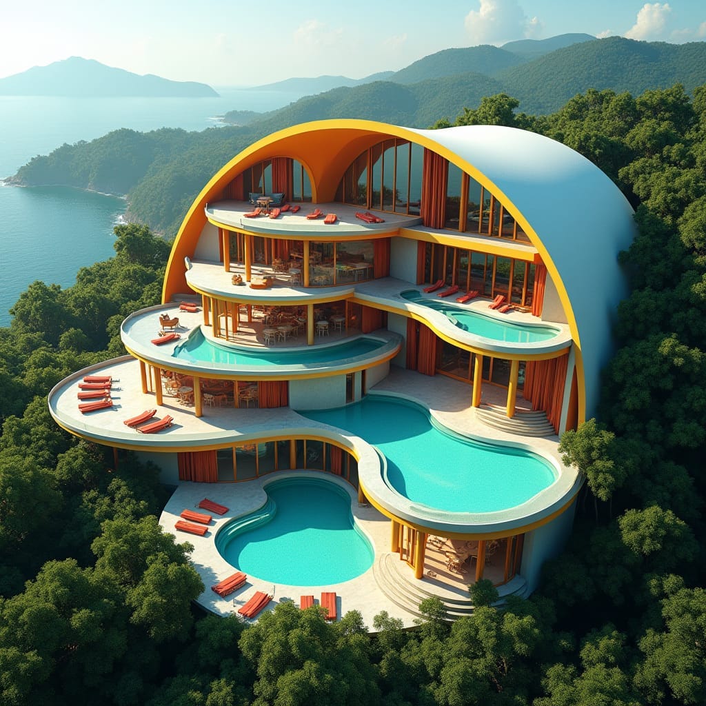 Majestic, modern Jamaican mansion with a vibrant, curved rainbow design, featuring expansive, triangular facades and an abundance of large, open windows, evoking a sense of airiness and freedom. The tall, multi-level structure boasts numerous crystal-clear pools, seemingly blending seamlessly into the surrounding landscape.