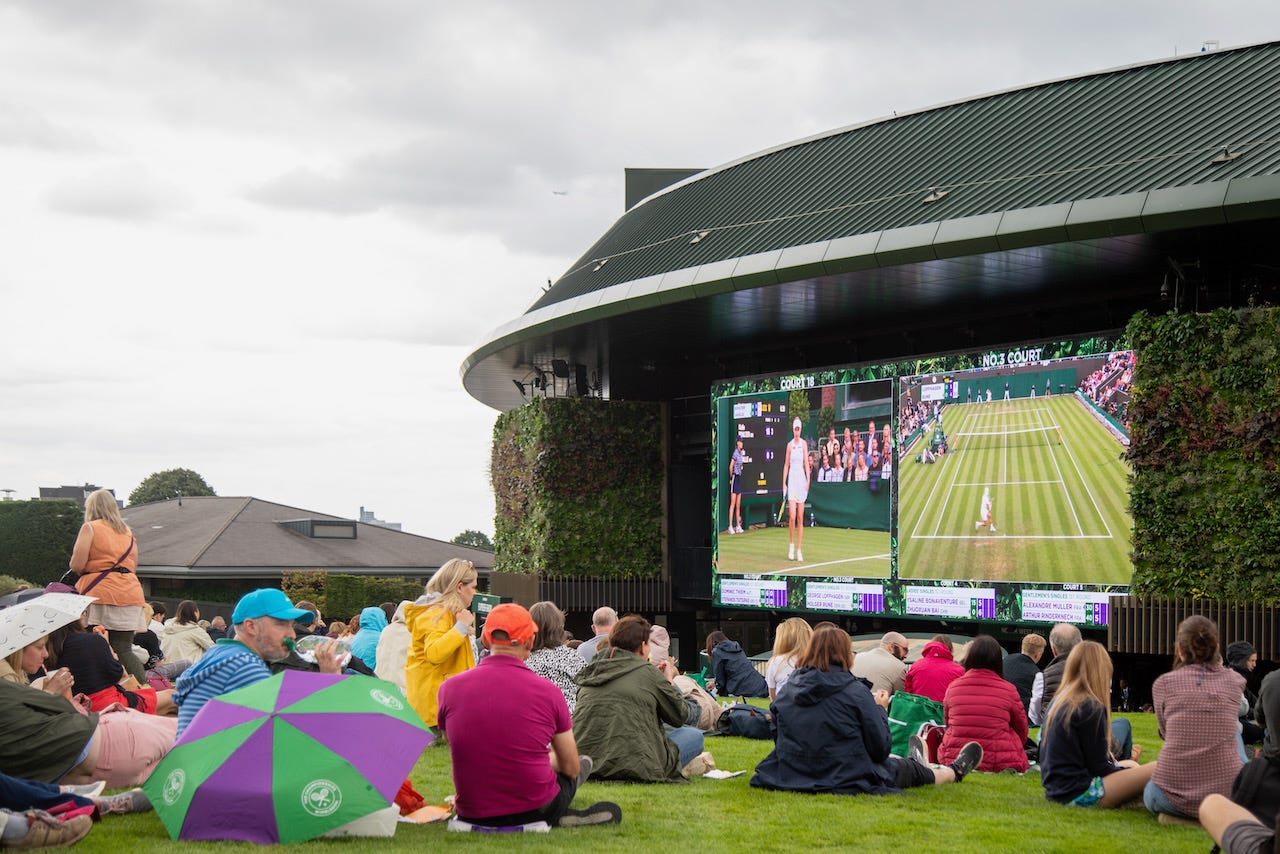 Spectators on the Hill at Wimbledon watching live matches on the big screen outside No. 1 Court with Wimbledon umbrellas and overcast skies