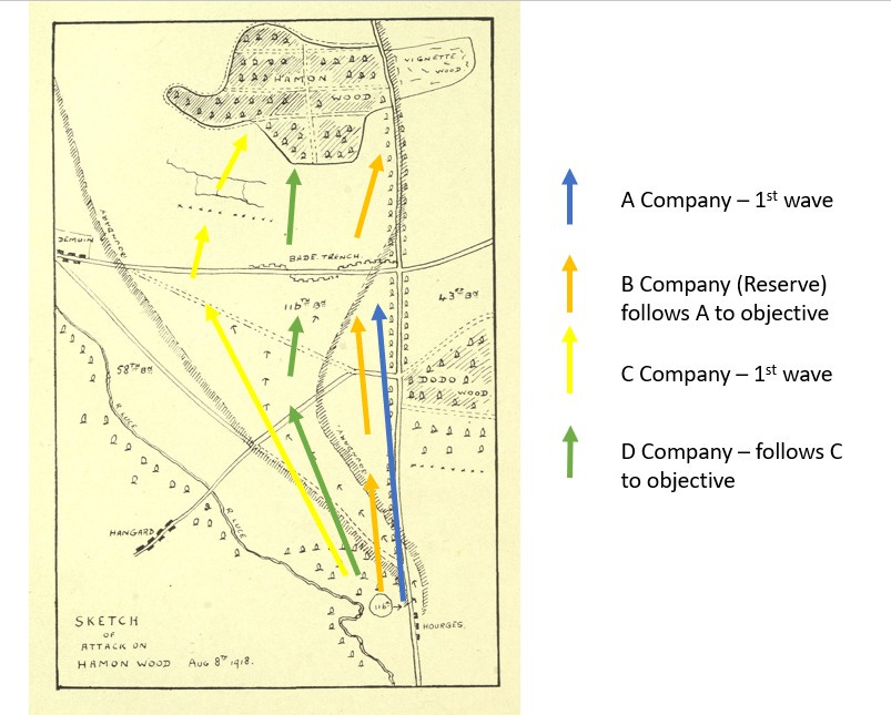 May be an image of ‎map and ‎text that says '‎소9요 ัง IGNETTE wee2 OOD ٣:، BAD円 TRINCH A Company 1st wave ዘል ي 43℃al A 58% T ↑ ↑ ↑ A B Company (Reserve) follows A to objective မ B.A a D a C ن 1144 CCompany- 1st wave โอรใร้ททง ИABи HANGARD ↑ D Company- follows c to objective SKETCH ATTACKO ON HAMON wouD Aue 8 សុវមី. HOURGES.‎'‎‎