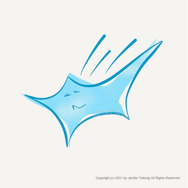 Four different, simple cartoon-style sketches of a blue starfish dancing with a smiley face. In the first image, handwriting in purple ink reads, "Dancing Starfish loves to dance".