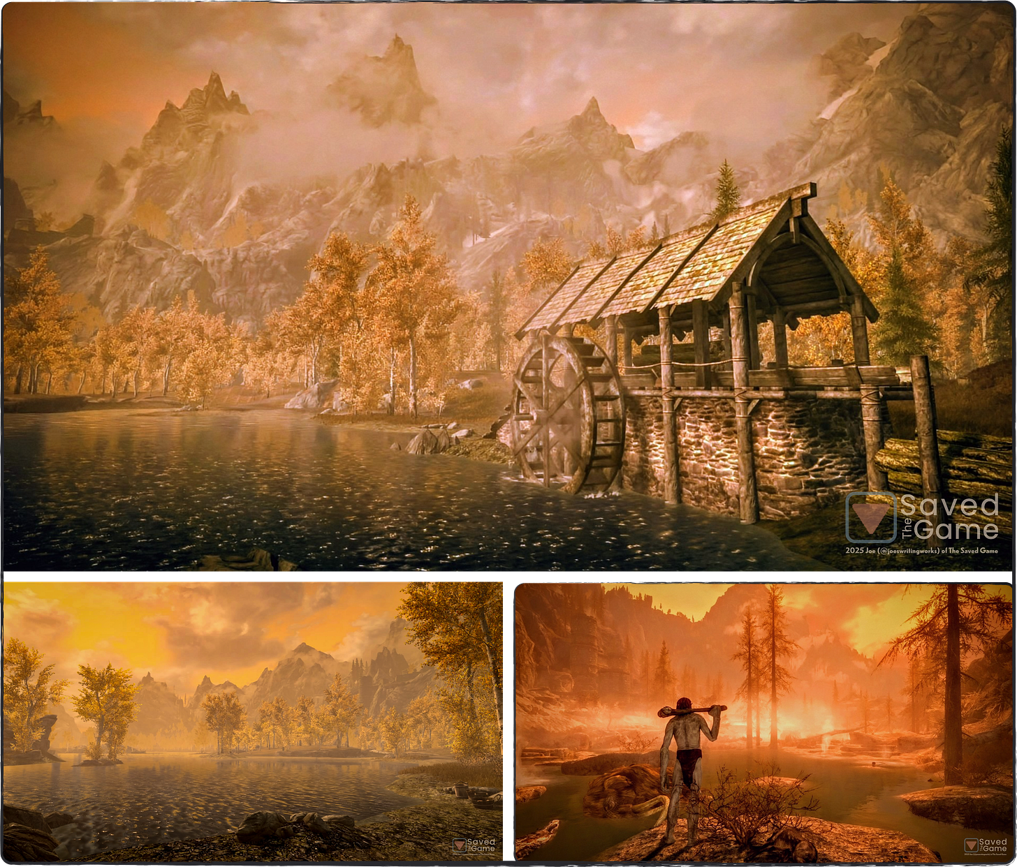 A collage of screenshots showing some fall colors in the game of Skyrim!