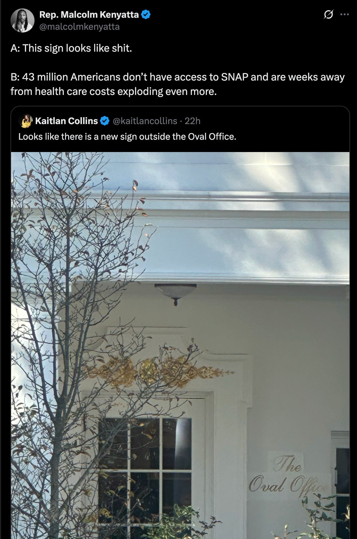 Kenyatta tweet: A: This sign looks like shit. B: 43 million Americans don’t have access to SNAP and are weeks away from health care costs exploding even more. Kenyatta tweet: A: This sign looks like shit. B: 43 million Americans don’t have access to SNAP and are weeks away from health care costs exploding even more.