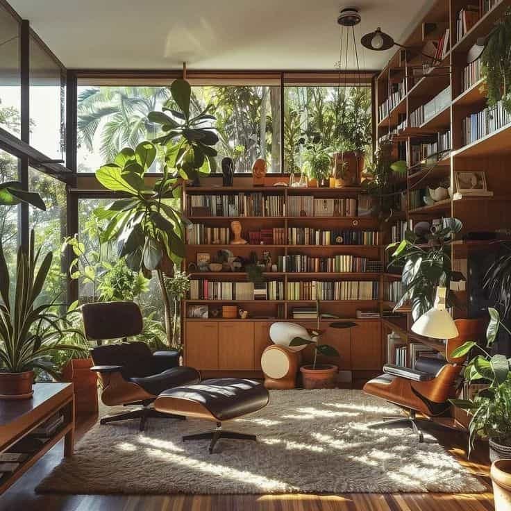 indoor plant care with a mid-century modern room full of natural sunlight, and a library. books, and an Eames recliner. indoor plant care with a mid-century modern room full of natural sunlight, and a library. books, and an Eames recliner.