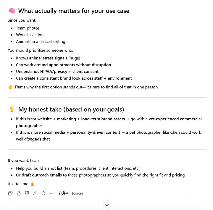 A prompt and result from ChatGPT about commercial photographers with veterinary practice experience.