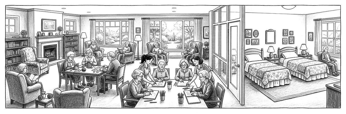 Nursing home common room and private bedroom, pen and ink illustration Nursing home common room and private bedroom, pen and ink illustration