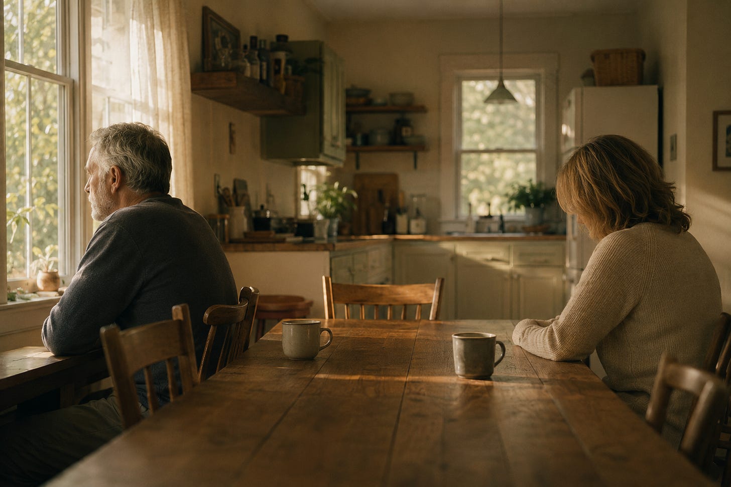 A middle-aged couple sitting apart at a kitchen table in soft morning light, marriage drifting in the quiet of the empty nest. A middle-aged couple sitting apart at a kitchen table in soft morning light, marriage drifting in the quiet of the empty nest.