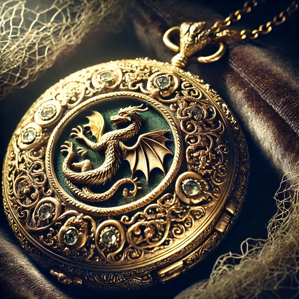 An ornate and intricate golden locket with a carved dragoness motif, surrounded by delicate filigree patterns and encrusted with tiny gemstones. The locket is slightly tarnished, giving it an antique appearance, and is attached to a fragile, delicate chain. The background is softly lit, with shadows emphasizing the locket's detailed craftsmanship, resting on a dark, velvet surface dusted with cobwebs for a mysterious and timeless atmosphere.