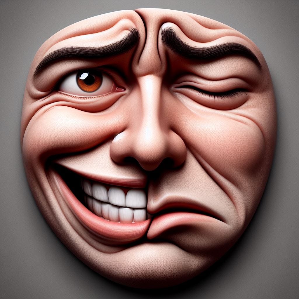 A face that looks very happy on one half and very miserable on the other half A face that looks very happy on one half and very miserable on the other half