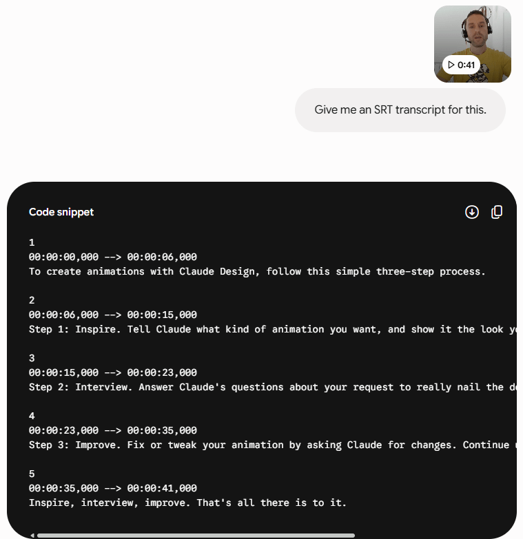 Gemini response containing an SRT transcript with numbered segments, timestamps, and spoken lines.