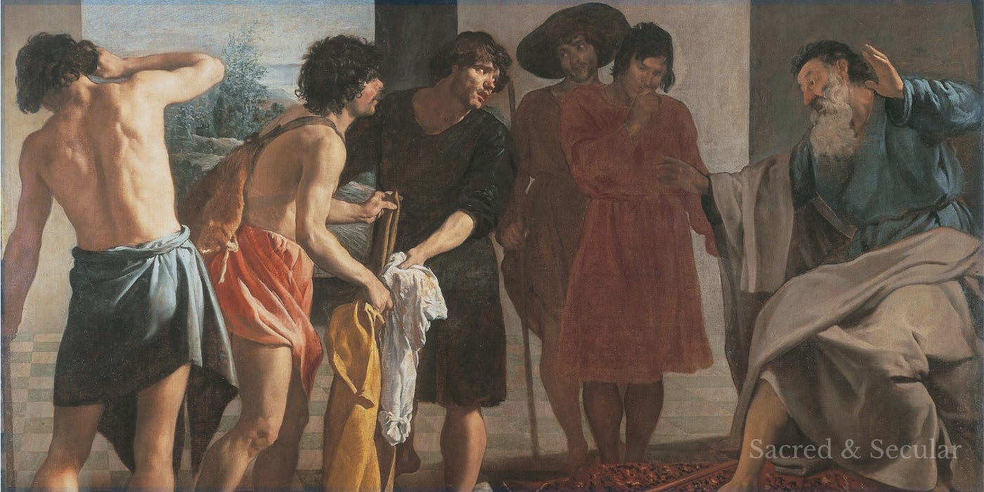 A classical panting showing Jacobs sons offering Josephs blood stained coat. A classical panting showing Jacobs sons offering Josephs blood stained coat.