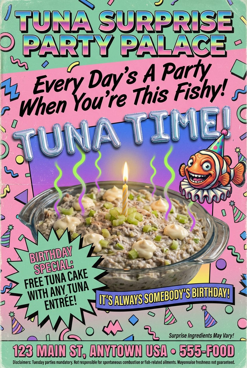 Create a detailed authentic-looking 1980s magazine print advertisement for a fake restaurant called Tuna Surprise Party PalaceVISUAL STYLE Classic 80s magazine ad aesthetic with bright colors geometric shapes bold typography and retro design_image_1