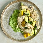 Herby green sauce zucchini & rice plate with pan-seared chicken