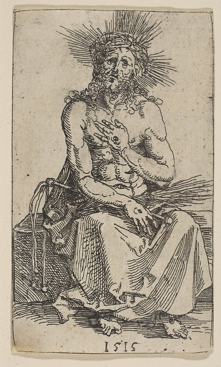 The Man of Sorrows, Albrecht Dürer (German, Nuremberg 1471–1528 Nuremberg), Etching on iron; first state of three