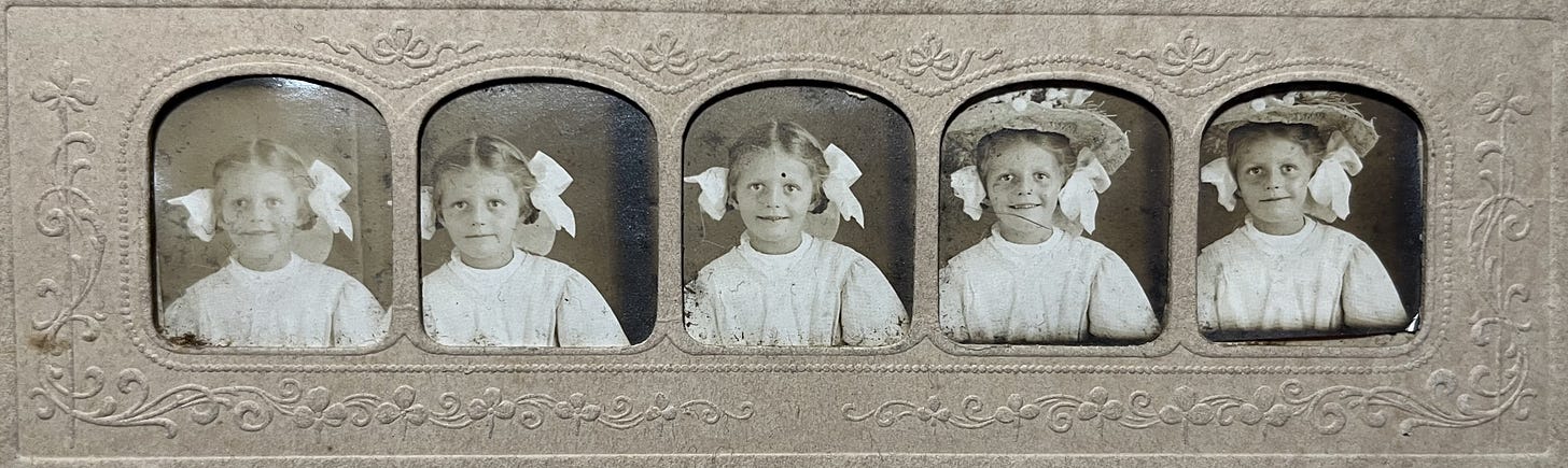 A vintage photo strip shows five portraits of a young girl wearing a white dress and large bows in her hair. Her expression changes slightly in each frame, and the images show visible wear and aging.